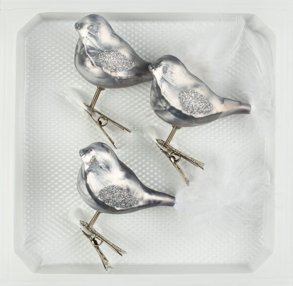 christbaumkugeln-24.de - 3 tlg. Glas Vogel Set in "Ice Grau Silber" - Christbaumkugeln - Weihnachtsschmuck-Christbaumschmuck